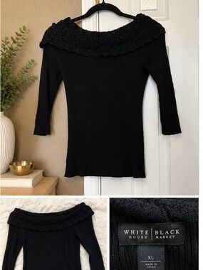White House Black Market Black Crochet Boatneck Off-Shoulder Sweater